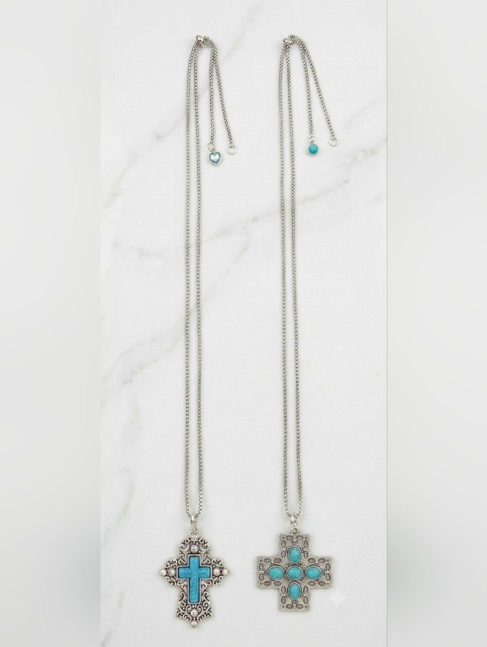 Elegant Silver Cross Necklace Set (2) with Turquoise Accent Bolotie Style, 28"
